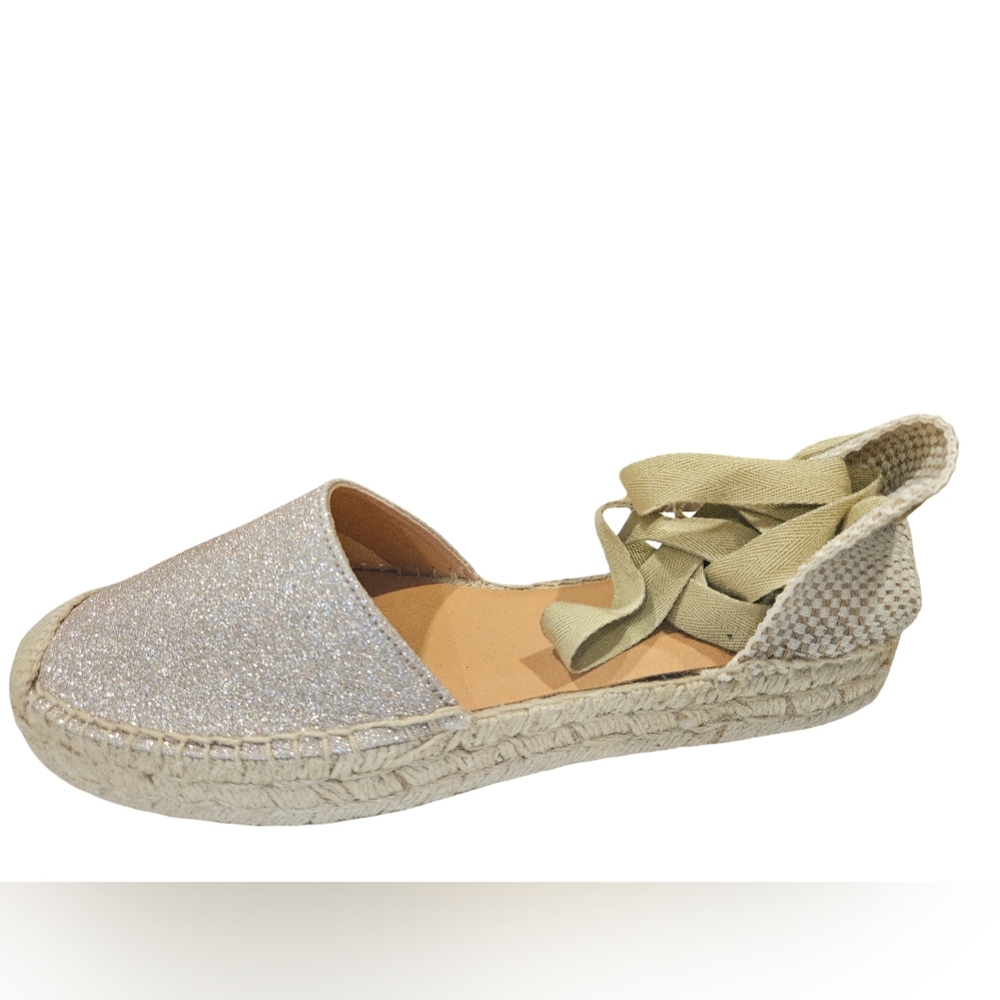 102 Kanna Silver Cream Espadrille Flats with Ankle Ties EU 41